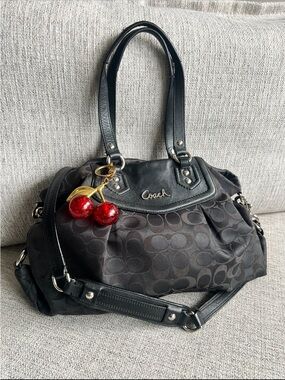 Coach Black Signature Canvas Shoulder Bag with Cherry Charm
